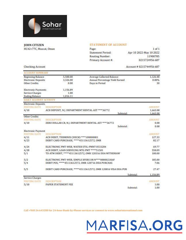 Downloadable Oman Sohar International bank statement excel real example
